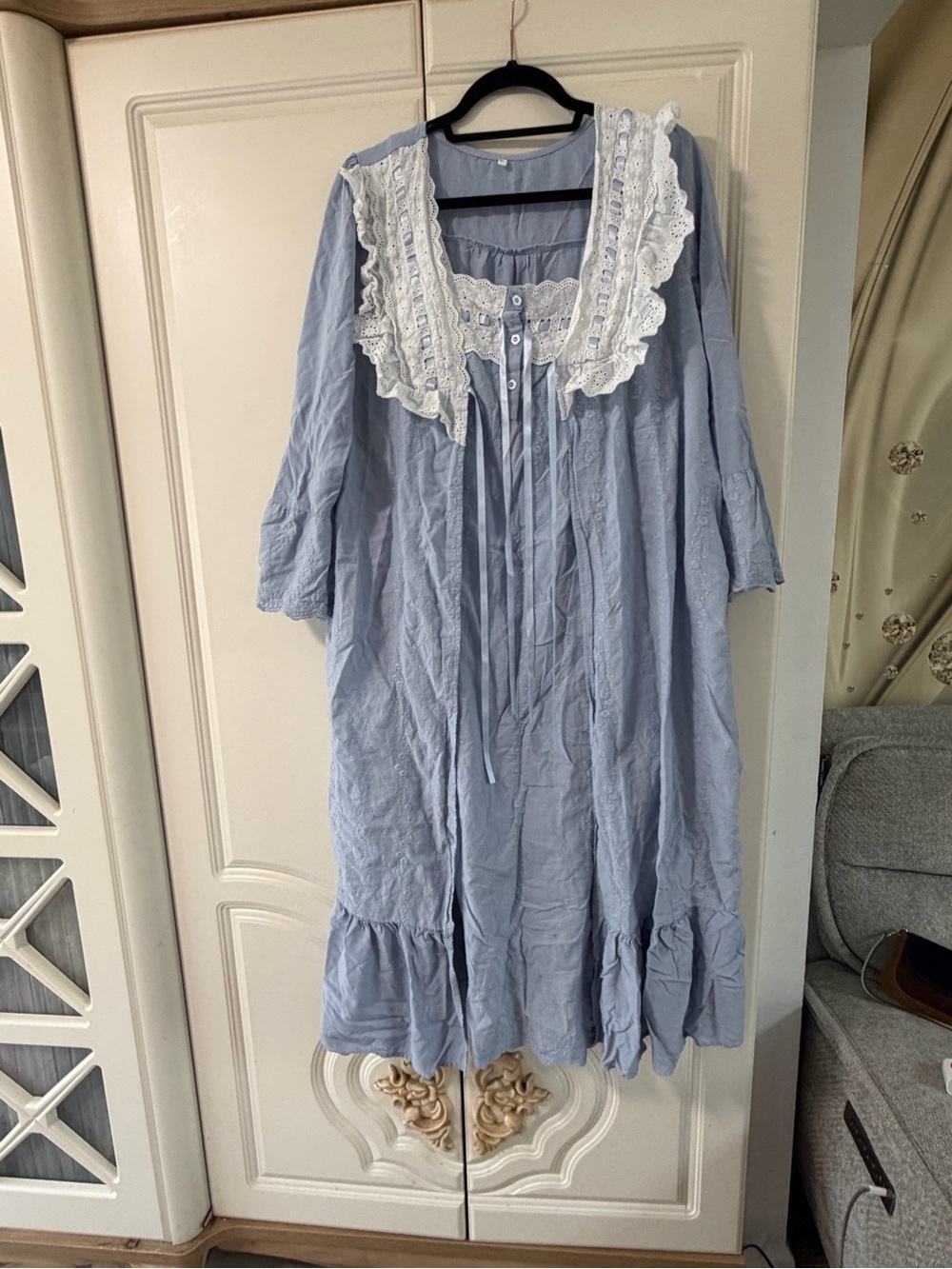 Light Blue Cotton Lace-Trim Dress